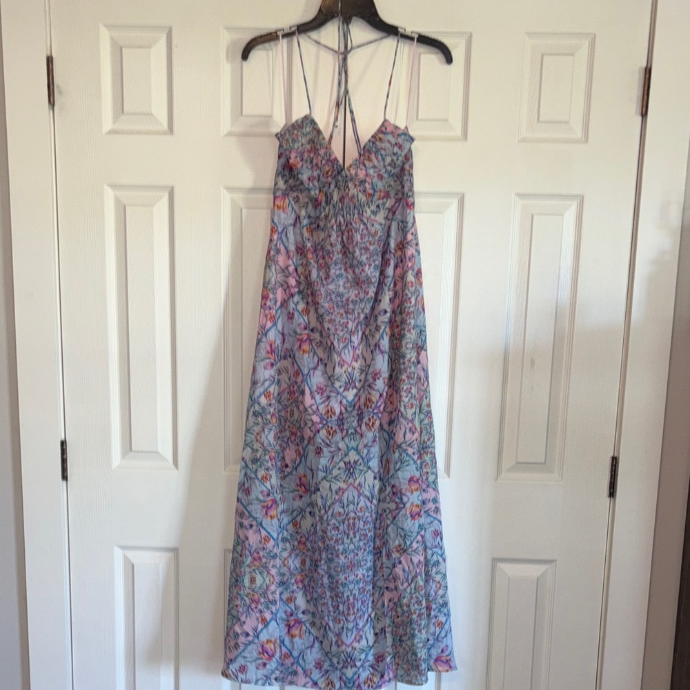 Floral V-Neck Spaghetti Strap Maxi Dress - Pink & Blue